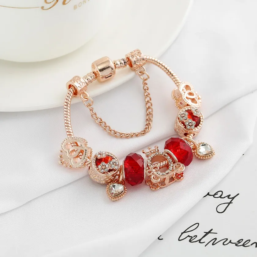 T GG Saint Valentin Style De Luxe Bracelet Femmes DIY Rouge Cristal Verre Perle Chaîne Bracelet Printemps Amour Cadeaux Bracelet Haute Qualité Fille Bijoux En Gros