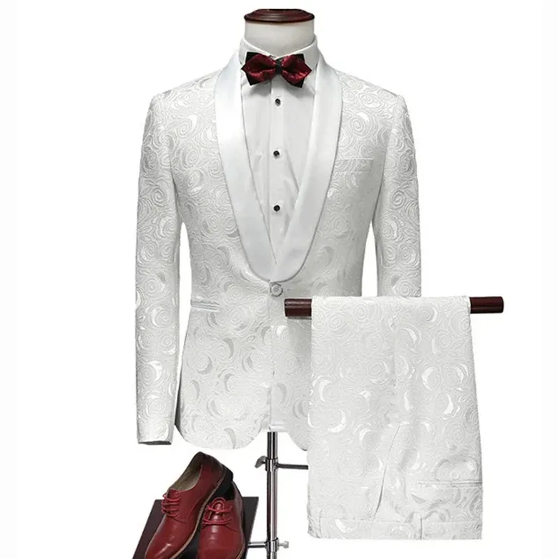 Ternos 2024 novo branco marfim ternos masculinos noivo casamento 2 peças conjunto formal masculino blazer xale lapela jacquard smoking fino ajuste jaqueta calças