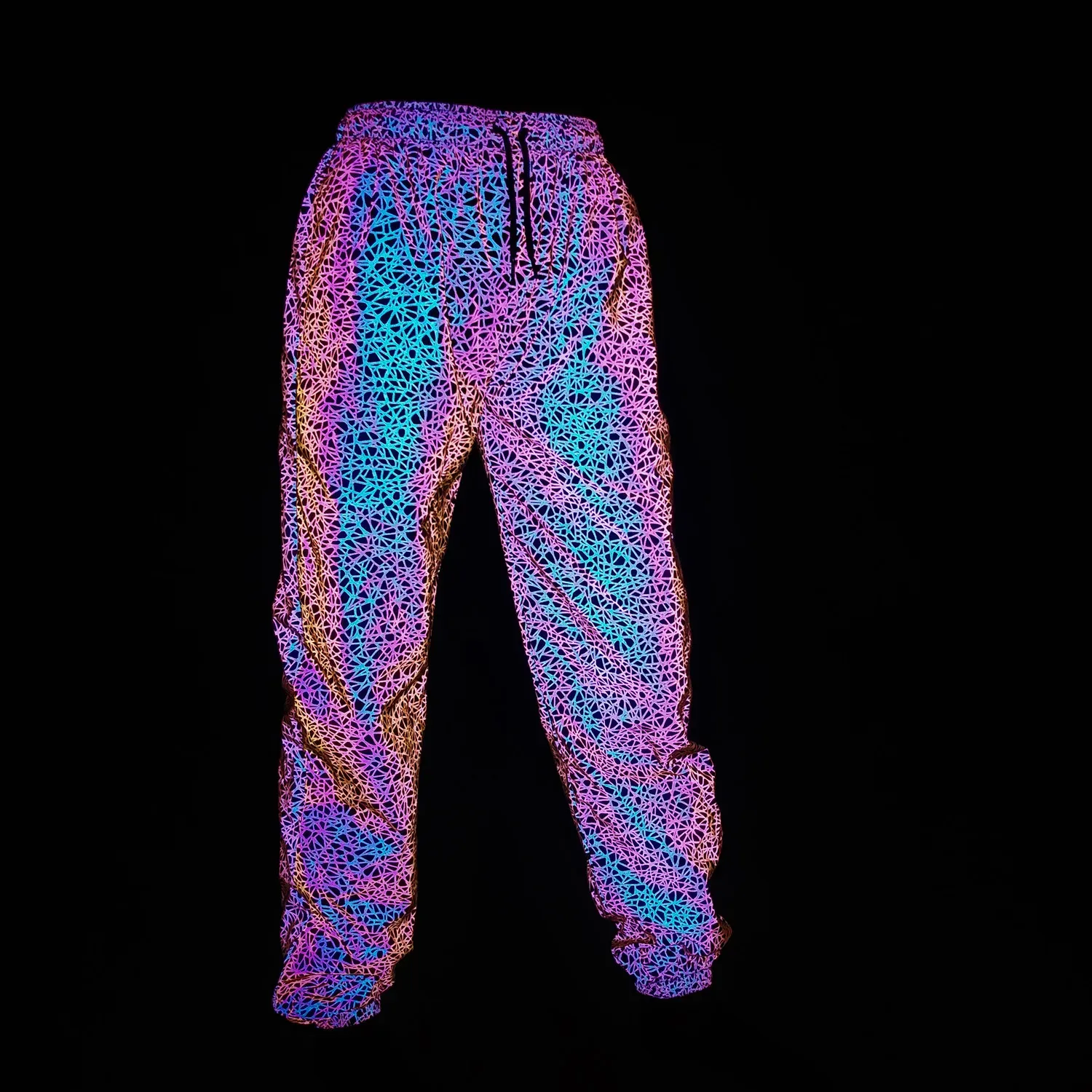 Byxor stripe regnbågs färg reflekterande byxor herr harajuku casual natt reflekterande lätta joggar streetwear hip hop -problem