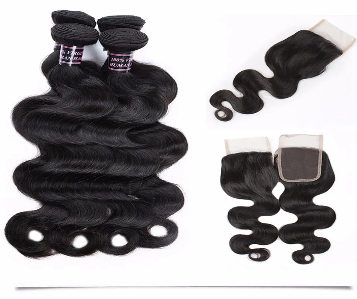 Paquets de cheveux humains ondulés 3 pièces avec fermeture en dentelle vison brésilien droit Jet couleur noire naturelle tisse profondément pour les femmes filles 2926814