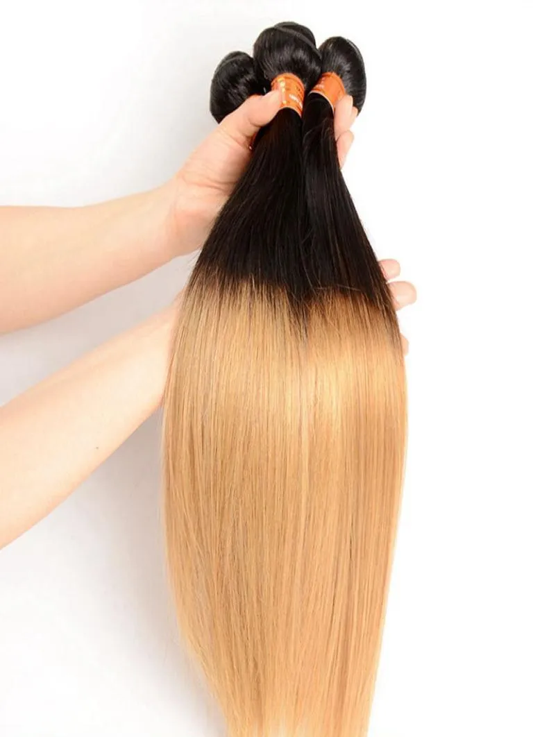 Passion ombre 1B27 Rakt mänskligt hår väver Färgade två ton brasilianska malaysiska peruanska hårbuntar ombre blond remy hår 35410591