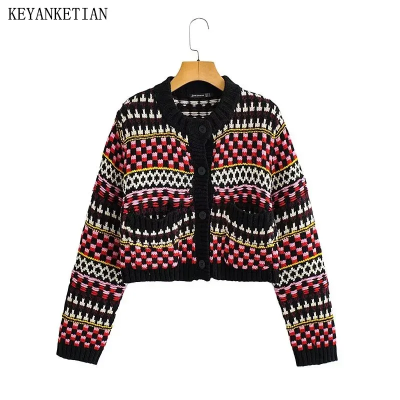 Cardigans KEYANKETIAN automne et hiver femmes Vintage Jacquard tricoté Cardigan ethnique rétro coloré court pull veste femmes haut