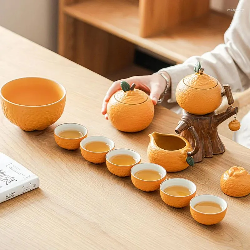 Teaware set Kongfu Tea Set Home Light Luxury High-End Ceramic Orange Automatic Rotating Water Cup Housearing Present Box