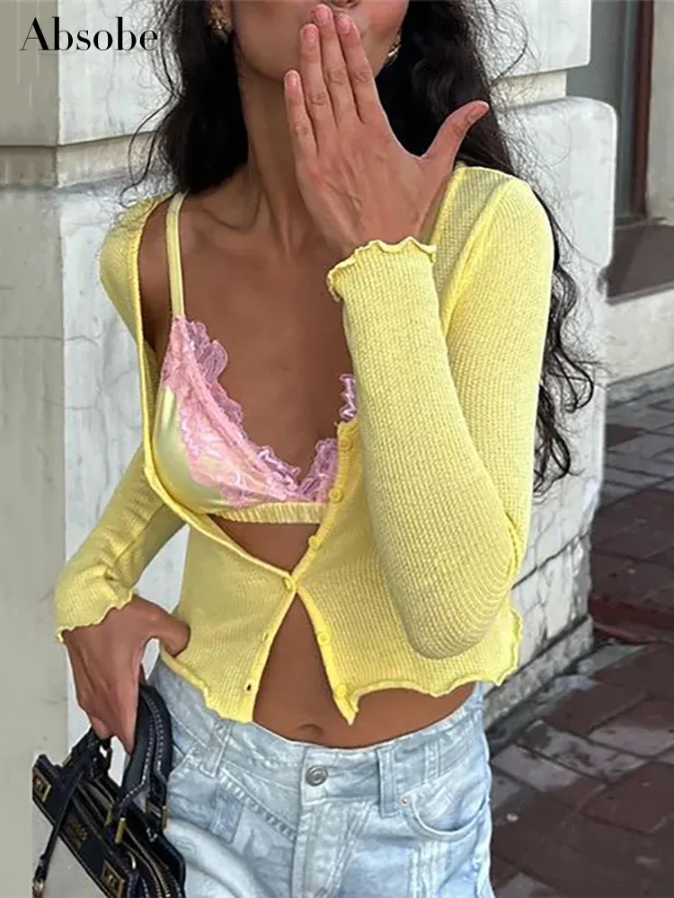 Cardigans Absobe Baby Yellow Crop Knigan Women Vneck Agaric Laces Single Breast Long Rękaw Slim Podstawowy jesienny płaszcz swetra