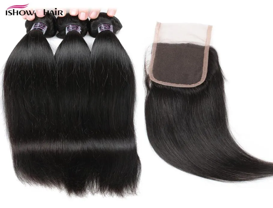 Ishow 10A Mink Brazilian Straight Human Hair Bundles with Lace Closure Peruvian Virgin Hair Malaysian Weave Weft for Women Girls A9633637