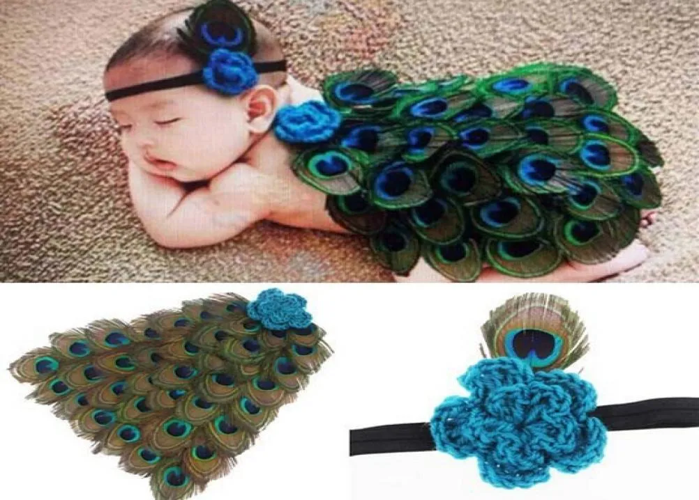 Baby Peacock cloak Costume Set Newborn Pography Props Peacock Feather Cape with Headband Crochet Animal Set2873485
