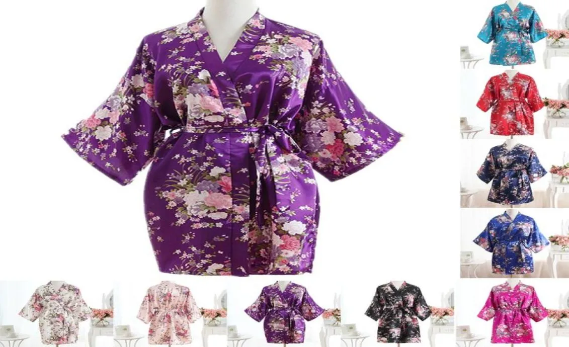 Puseky Silk Satin Floral Cherry Robe Wedding Bride Bridesmaid Pyjamas Short Kimono Robe Night Bath Dressing Gown for Women2610023