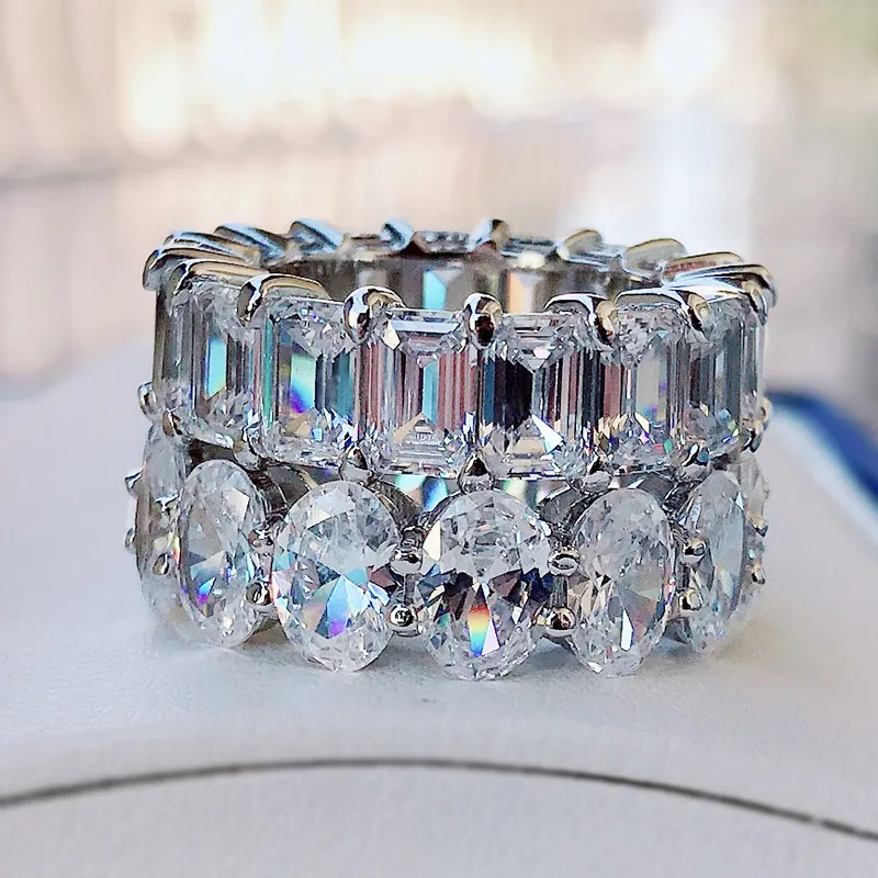 Drop Ship Rulalei Original Wedding Rings Spakrling Luxury Smycken 925 Sterling Silver Emerald 5A Cubic Zircon Cz Diamond Elegant Party Löfte Kvinnor Ring Present