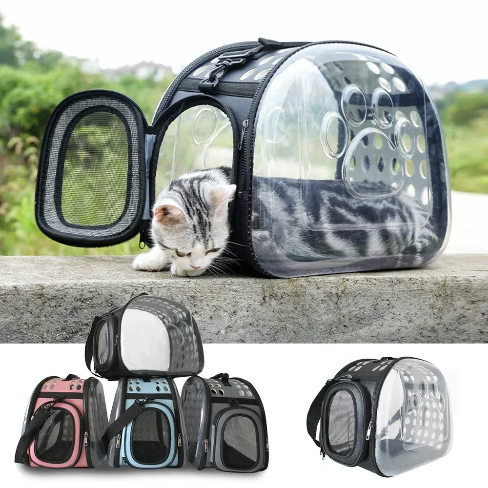 Barnvagnar Pet Cat Carrier Bag Foldbar Transparent Cage Portable Travel Bortable Cat Transport Bag Basket Ryggsäck Handväska PET -leveranser