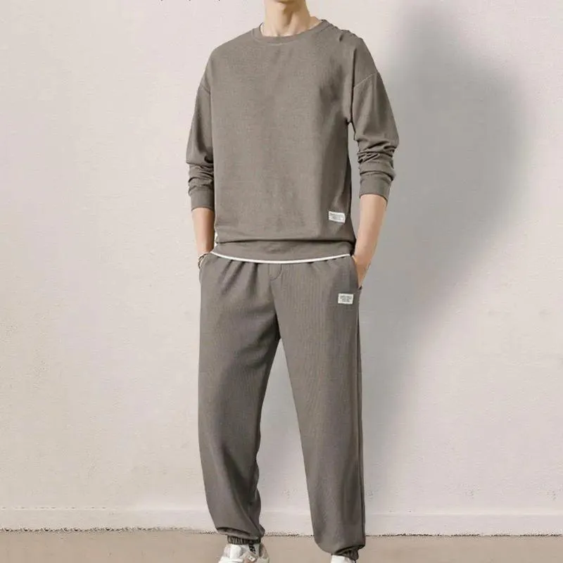 Survêtements pour hommes hommes sweat-shirt pantalon ensemble à manches longues survêtement décontracté texture gaufrée costume avec taille élastique pour l'automne