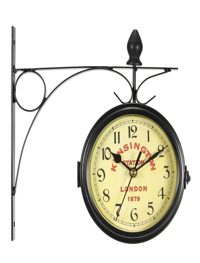 Charminer Vintage decorativo de doble cara Reloj de pared de Metal estilo antiguo estación Reloj de pared colgante Black3847357