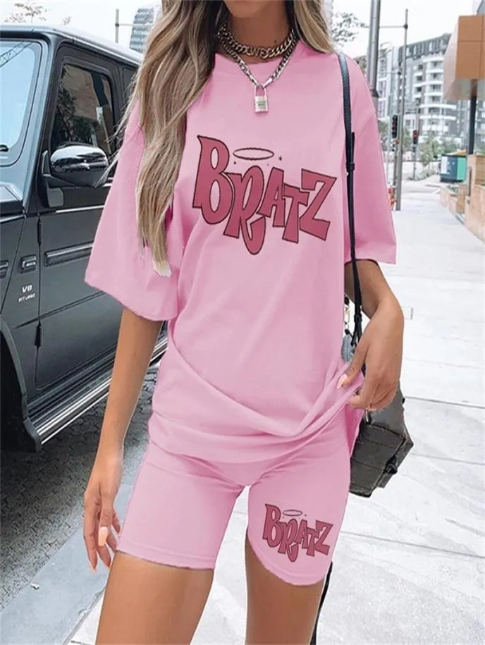 Spring Summer Jogging 2Pieces Set Women Outfit Short Sleeve Running Sports Cute Bratz Print TShirts And Shorts Sets For Female 24902867