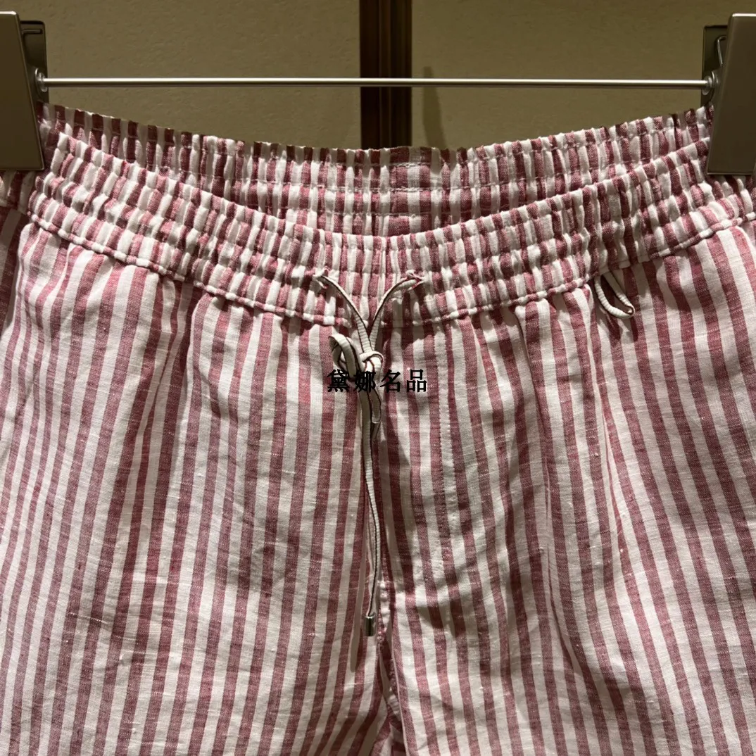 Herren-Shorts für Frühling und Sommer, Loro Piano, rosa gestreift, Strandhose aus reinem Leinen