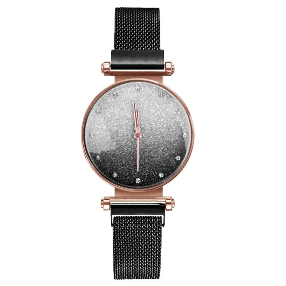 Luz de luxo moda fã feminino relógios pulso quartzo brilhante malha cinta deusa relógios tendência ímã fivela senhoras watch259j