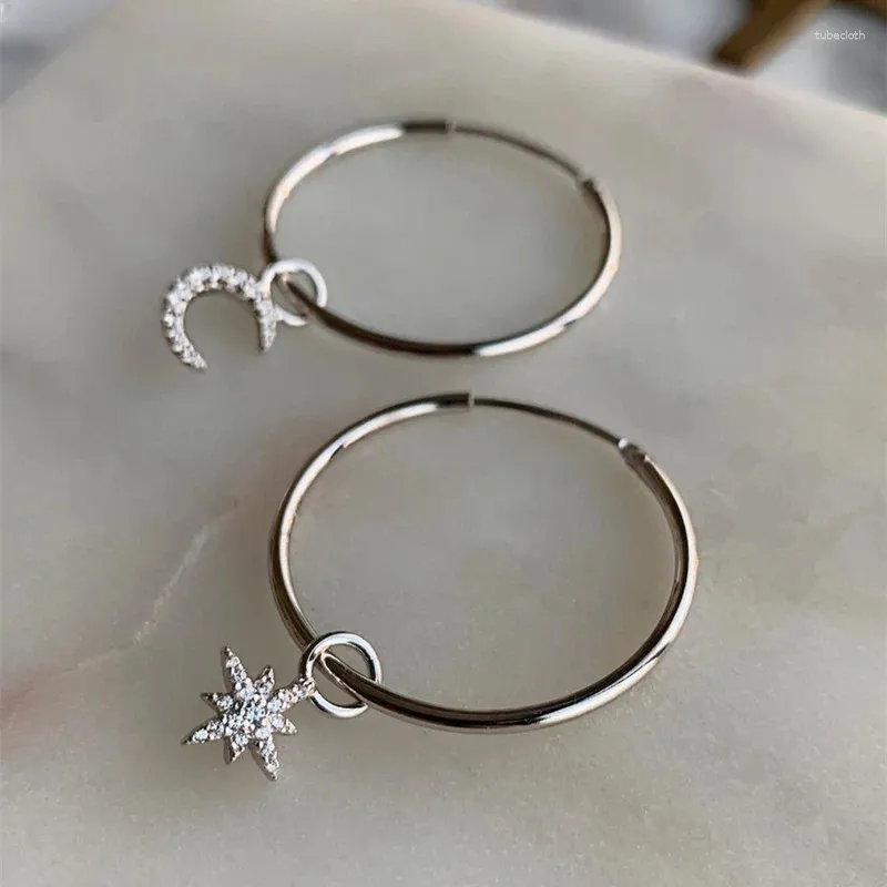 Boucles d'oreilles pendantes asymétriques, étoile, lune, cerceau pour femmes, tempérament coréen, CZ, goutte, personnalité, bijoux d'oreille