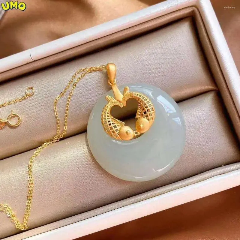 Ciondoli placcati in vero oro 24K Collana di giada bianca Carpa Pesci Anello di sicurezza Ragazze Ciondolo gioielli da donna Madre 999 18K