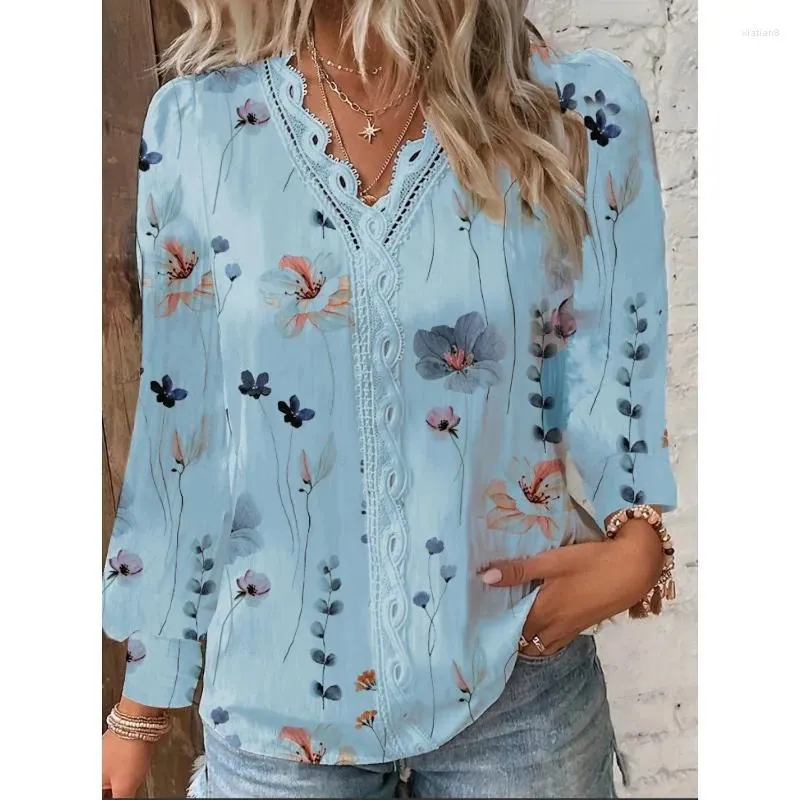 Kvinnors blusar avslappnad mode lång lanthylsa v hals blommigt tryck blus t-shirt elegant spetsskjorta topp för kvinnor 2024 y2k ins kläder