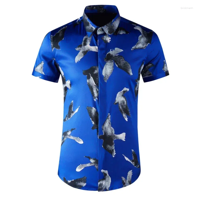 Erkekler Sıradan Gömlekler Minglu kuş baskılı erkek lüks kısa kollu parti erkek elbise yaz ince fit sokak kıyafeti adamı 4xl