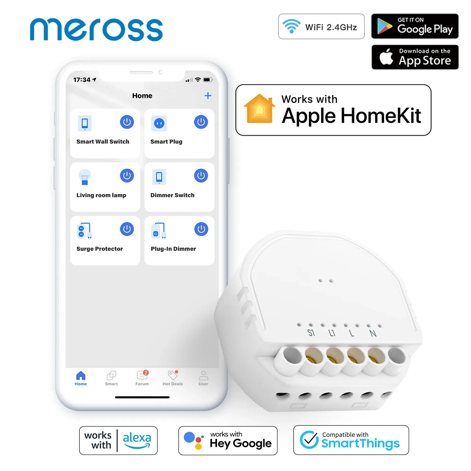 Kontrola moduł Smart Switch Meross HomeKit Wi -Fi, moduł przełącznika światła DIY, praca z Apple Homekit, Siri, Alexa, Asystent Google, SmartThings