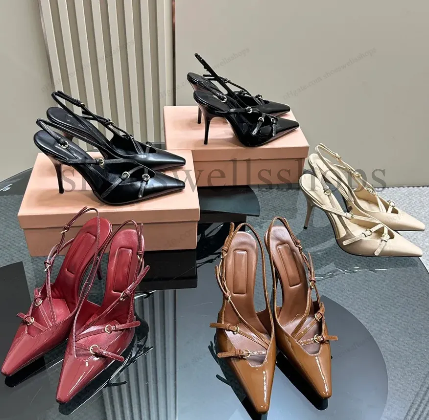 Designer miui tacco alto vitello décolleté slingback in pelle verniciata sandali decorati con fibbia in metallo tacco gattino Slingbacks scarpe da donna di lusso a punta da sera