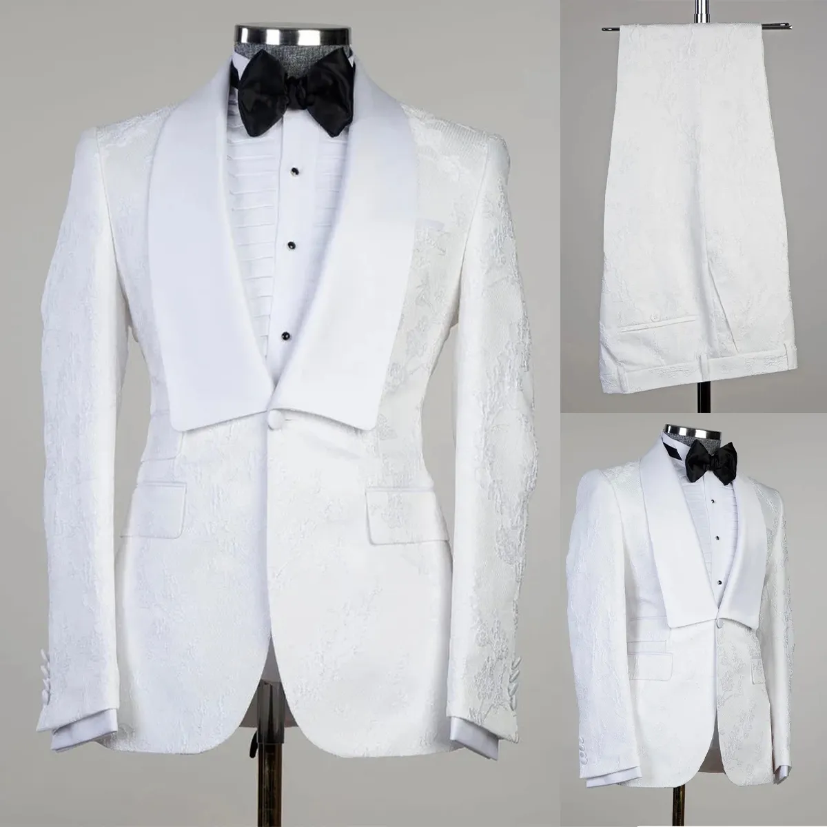 モダンな結婚式の男性スーツタキシードグルームウェアホワイトフォーマルスーツ印刷カスタムサイズショールラペルシングル胸2ピースブレザー+パンツ