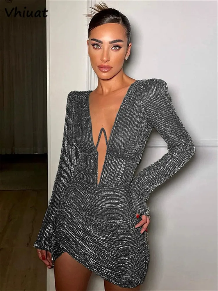 Vhiuat Women mode Low Cut Long Sleeve Mini Dresses Sexy Party Club Elegant Evening White Dress Autumn Winter Office Lady 240226