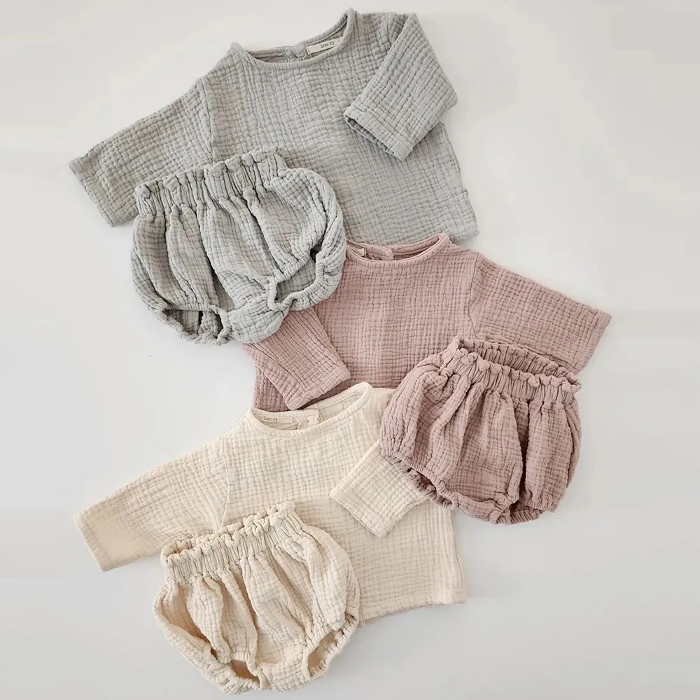 Bebê meninas gaze algodão manga longa topo cardigan camisasbloomer shorts conjunto criança primavera roupas nascidos bebê meninos conjunto 240226