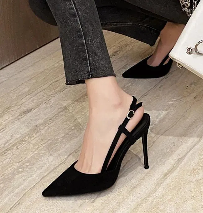 Dress Shoes LIHUAMAO Black Suede Women Stiletto Heels Slingbacks Ankle Strap Pointed Toe Sexy Ladies Pumps Wedding Party