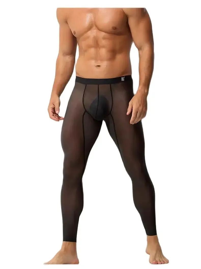 Pantaloni Pantaloni autunnali leggings da uomo pezzo unico stretto ultrasottile elastico in seta di ghiaccio pantaloncini fitness trasparenti sexy completamente trasparenti