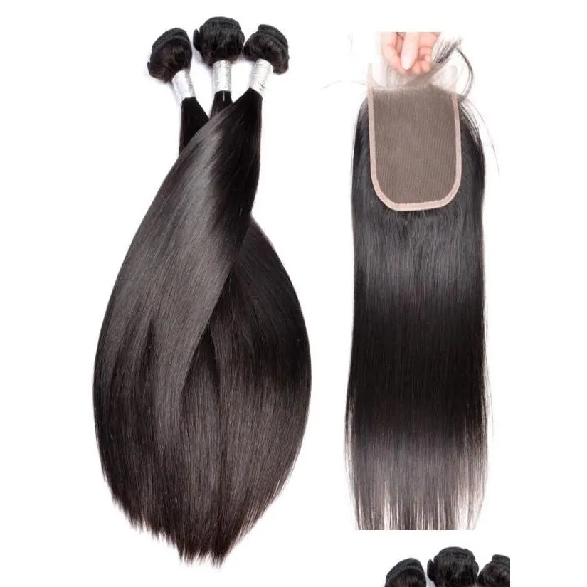 Cabelo humano tece 9a 100 cabelo humano não processado tece com fechamento de renda seda reta brasileira peruana remy pacotes e encerramento6486 dh0jc