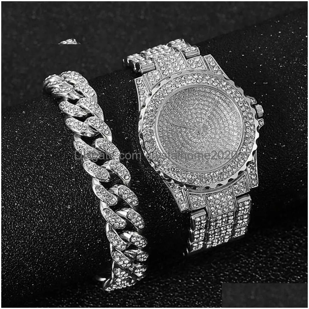 Montres pour femmes Caméras dôme Montre Bracelet pour femmes Chaîne cubaine Charme Glacé Mode Luxe Or Ensemble Bijoux Drop Livraison Dhqyd