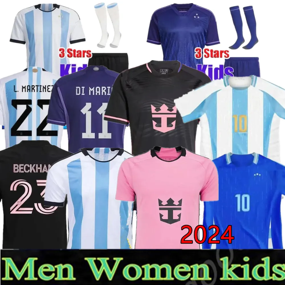 Versão dos fãs 2023 3 estrelas camisas de futebol 24 25 DYBALA DI MARIA MARTINEZ DE PAUL MARADONA FERNANDEZ camisa de futebol esportiva homens m e s s i mulheres kit infantil