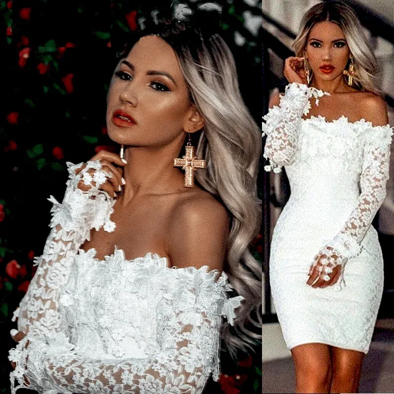 Robe Femme Robe Moulante Hors Épaule Dentelle Sexy Robe En Dentelle Blanche À Manches Longues Fête De Mariage Clubwear Soirée Courte Mini Robe 2023