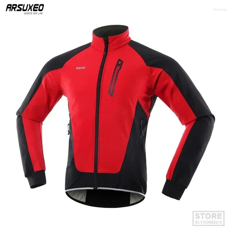 レーシングジャケットArsuxeo Winter Cycling Jacket Thermal Fleeceウォームアップ自転車服風力防水ソフトシェルコートMTBバイクジャージー