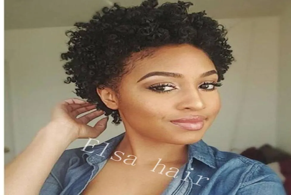 İnsan saçı afro curl peruk kısa pixie kesim makine bebek saçları ile yapım peruk kıvırcık kısa insan saç peruk siyah kadınlar için