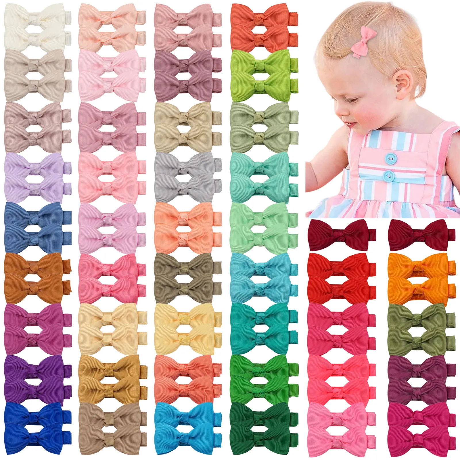 50708090Pieces Boutique Tiny Baby Bows Grosgrain 2 банта для волос Нескользящие заколки из кожи аллигатора на подкладке для маленьких девочек и малышей 240223