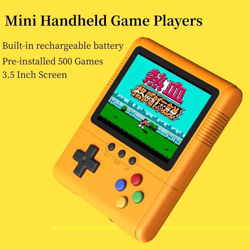 Spelare Yellow Case Mini Handheld -spelspelare med 500 gratis spel Retro Game Console Support TV Out 8 Bit Video Gaming