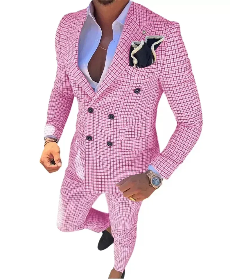 Suits Pink Small Plaid Suit Double Breasted Wide Peaked Lapel Men'S Wedding Clothing Lattice Blazer Trousers 2pcs Check Jacket Pants