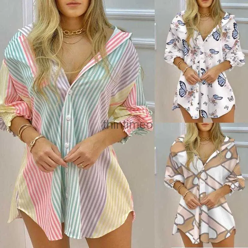 Temel Elbiseler Kadın Gömlek Elbise Moda Striped Baskı Lady Uzun Kollu Bluz Aşağı Yatak Yolcalı Düğme Ön Üstleri 240302