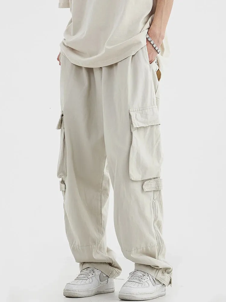 HOUZHOU Cargo Pants for Men Hip Hop White Trousers Male Vintage Japanese Streetwear Loose Casual Safari Style Pocket Zip 240227