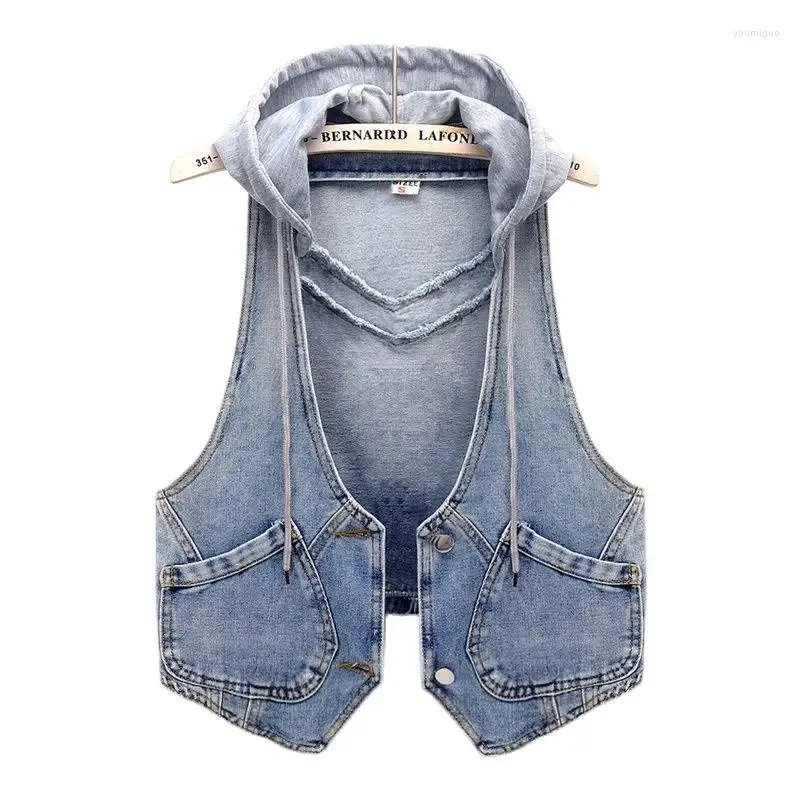 Coletes femininas moda design denim colete feminino verão outono sem mangas jaqueta curta com capuz solto coreano colete outerwear