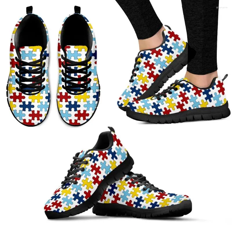 Casual Shoes INSTANTARTS Autism Awareness Colorful Puzzle Print Comfortable Lace Up Black Soft Soled Sneakers Flats