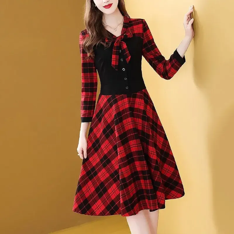 Abito elegante con scollo a V pieghe impiombate con lacci fiocco scozzese falso in due pezzi mini abito abbigliamento donna 2023 estate nuovi abiti larghi da donna