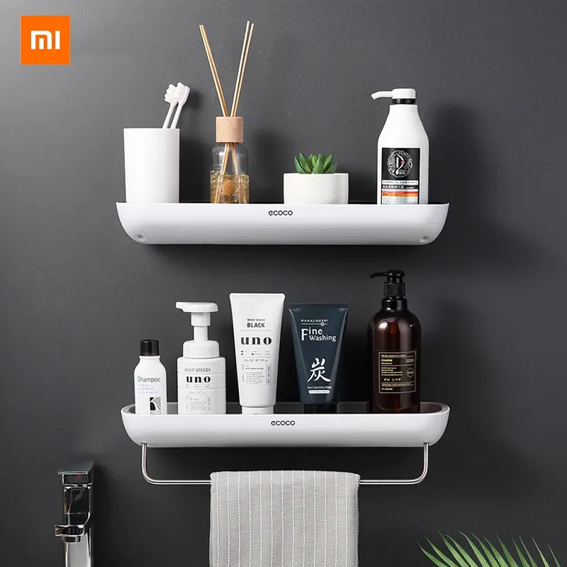 Contrôle Xiaomi étagères de salle de bain organisateur support mural maison étagère à serviettes porte-shampooing avec barre de serviette support de rangement accessoires de salle de bain