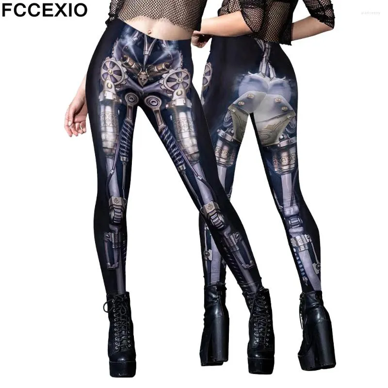 Women's Leggings FCCEXIO Retro Robot Print Women Sexy Punk Legging High Waist Elastic Trousers Fitness Workout Party Tights Pants