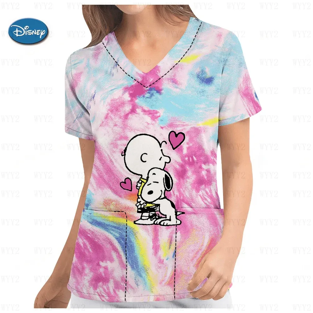 Abito da donna uniforme da infermiera Tshirt stampa grafica natalizia manica corta scollo a V tuta top camicie da allattamento per le vacanze con tasche