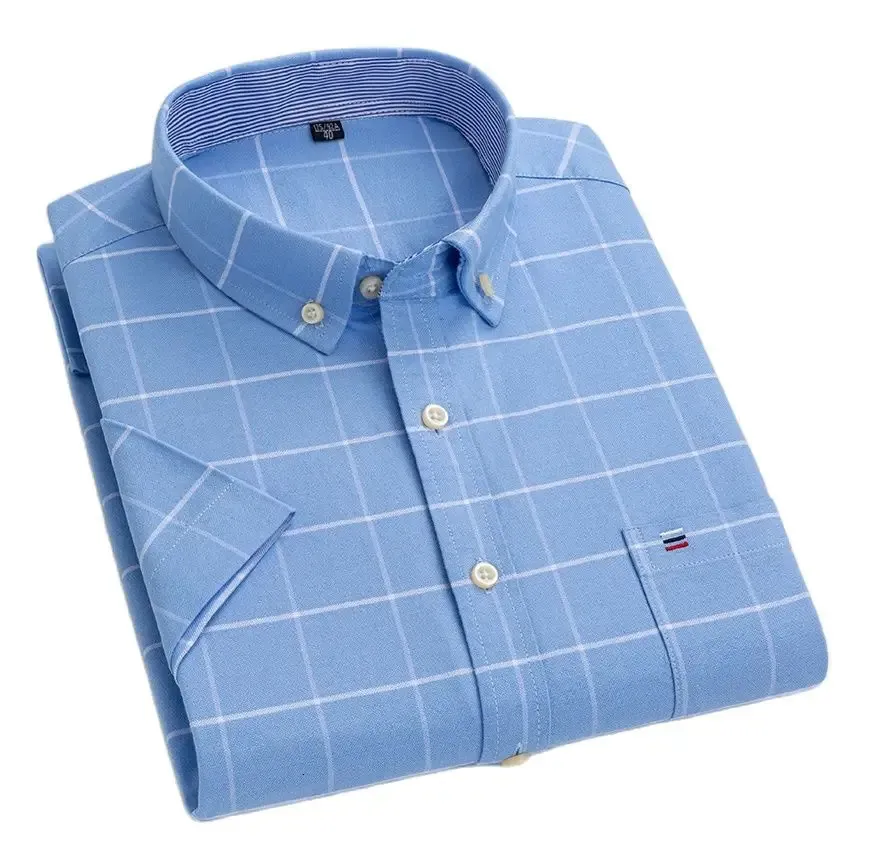 Chemise Oxford à manches courtes pour hommes, 100% coton, coupe régulière, décontractée, à rayures, à la mode, vêtements de travail imprimés, été, 240223