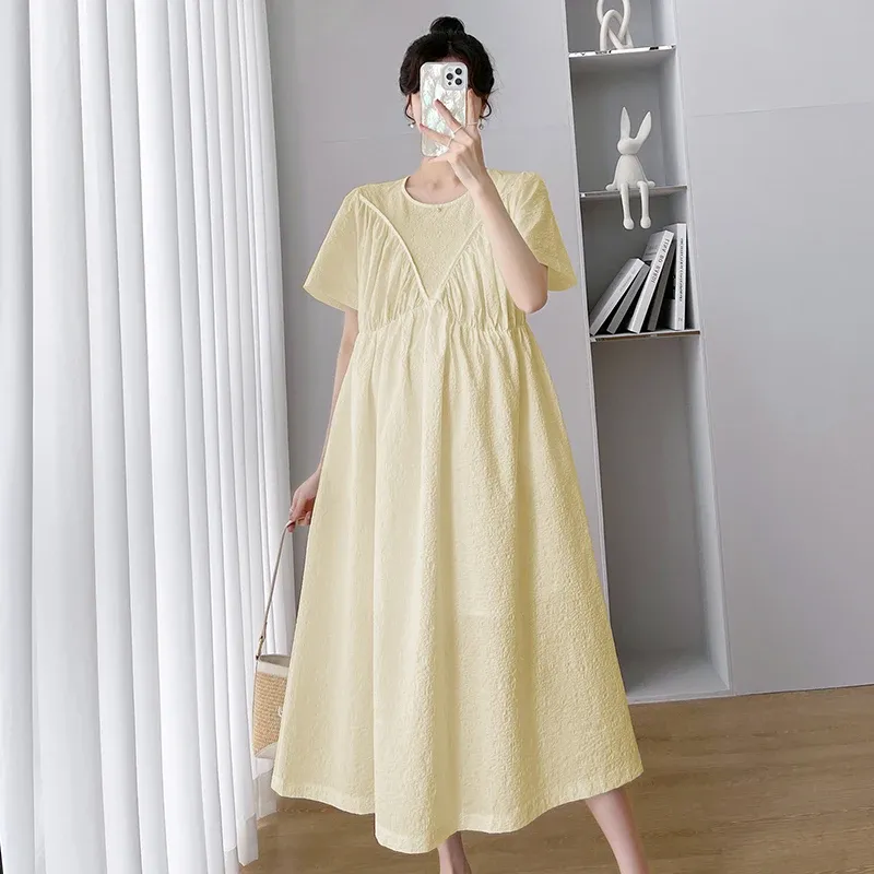 Dresses Long Loose Pregnant Women Summer Dress Sweet Short Sleeve ONeck Plus Size Maternity Brief Dress Office Lady Dress Yellow White