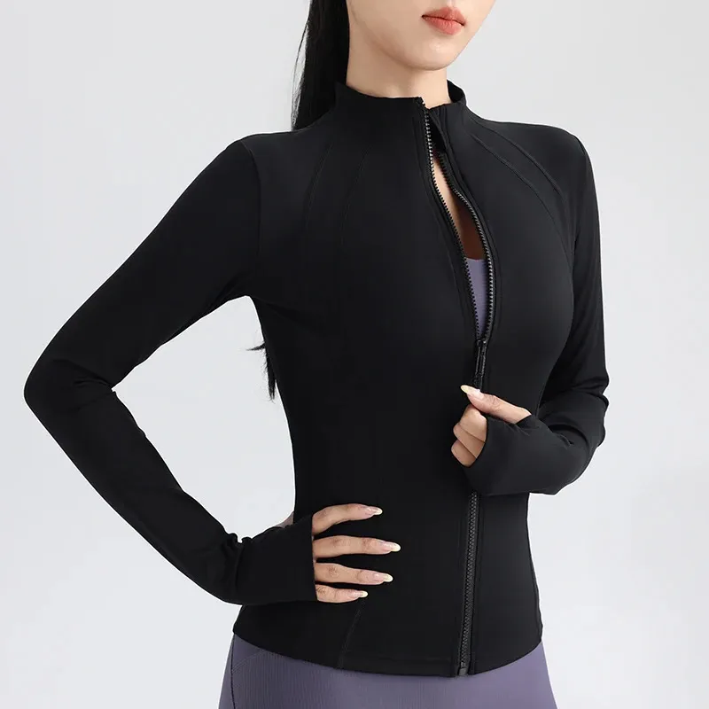 Haut de Yoga à fermeture éclair complète pour femmes, avec trous pour les pouces, veste de course, Fitness, extensible, manches longues, col rond, vêtements de sport, 240318