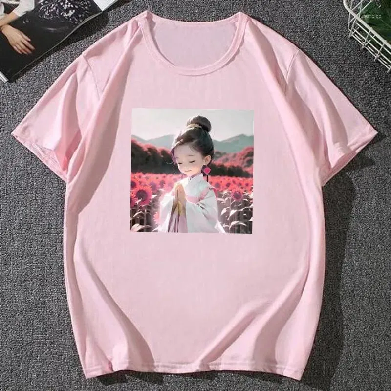 Mulheres camisetas Mulheres Casual Chinês Estilo Antigo Menina Bonito Tops Moda O-pescoço Mangas Curtas Streetwear T-shirt